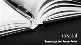  Presentation with pen - PPT theme consisting of paper ballpen - pen on opened book background and a dark gray colored foreground