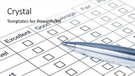  Presentation with excellent customer service - PPT theme having pen on rating questionnaire blue background and a white colored foreground