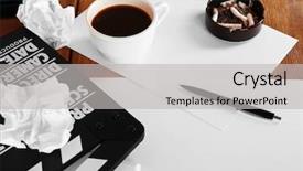  Presentation with coffee cup - Beautiful slides featuring pen on wooden planks background backdrop and a light gray colored foreground