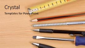  Presentation with tape measure - Theme consisting of pen pencil and tape measure on wood table background and a coral colored foreground