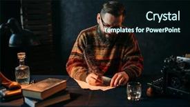  Presentation with feather pen - Audience pleasing slide deck consisting of pen quill writers - bearded writer in glasses writes backdrop and a wine colored foreground