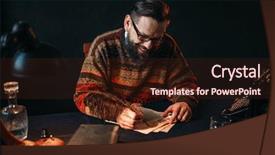  Presentation with feather - Colorful presentation theme enhanced with pen quill writers - bearded writer in glasses writes backdrop and a wine colored foreground