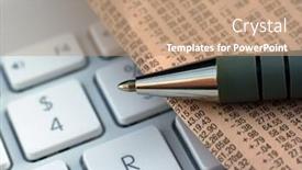  Presentation with newspaper laptop - Colorful slide set enhanced with pen resting on financial newspaper and laptop keyboard backdrop and a coral colored foreground
