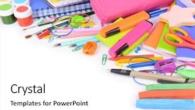  Presentation with ballpen - Colorful presentation enhanced with pencil ballpen - bright school supplies close-up backdrop and a white colored foreground