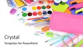  Presentation with zombie school - Colorful presentation design enhanced with pencil ballpen - bright school supplies close-up backdrop and a white colored foreground