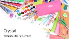  Presentation with school coaching - Amazing presentation theme having pencil ballpen - bright school supplies close-up backdrop and a  colored foreground