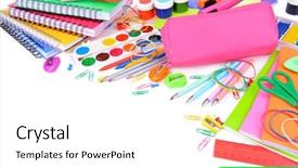  Presentation with ballpen - PPT theme with pencil ballpen - bright school supplies close-up background and a white colored foreground