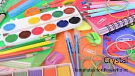  Presentation with bright - PPT theme having pencil ballpen - bright school supplies close-up background and a coral colored foreground