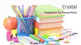  Presentation with ballpen - Presentation design enhanced with pencil ballpen - bright school supplies isolated background and a white colored foreground