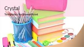  Presentation with half white and half bright coloured - Presentation design enhanced with pencil ballpen - bright school supplies isolated background and a  colored foreground