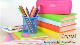  Presentation with ballpen - Presentation featuring pencil ballpen - bright school supplies on table background and a yellow colored foreground