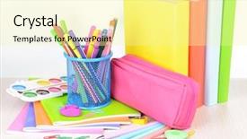  Presentation with school cerrmony - Audience pleasing presentation theme consisting of pencil ballpen - bright school supplies on table backdrop and a blonde colored foreground