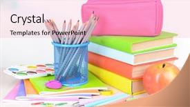  Presentation with school law case - Theme enhanced with pencil ballpen - bright school supplies on table background and a lemonade colored foreground