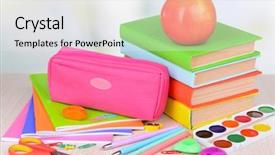  Presentation with grit school - Slide set with pencil ballpen - bright school supplies on table background and a  colored foreground