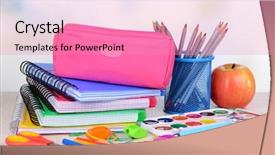  Presentation with ballpen - PPT theme enhanced with pencil ballpen - bright school supplies on table background and a coral colored foreground
