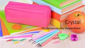  Presentation with bright - Cool new PPT layouts with pencil ballpen - bright school supplies on table backdrop and a coral colored foreground