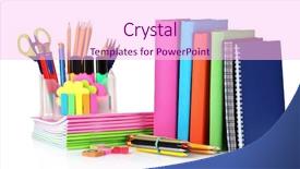  Presentation with ballpen - Beautiful slide deck featuring pencil ballpen - bright stationery and books isolated backdrop and a  colored foreground