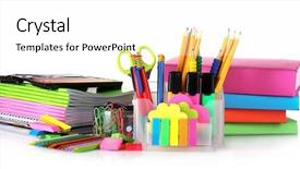  Presentation with ballpen - Slide deck having pencil ballpen - bright stationery and books isolated background and a white colored foreground