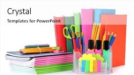  Presentation with ballpen - Presentation design consisting of pencil ballpen - bright stationery and books isolated background and a  colored foreground