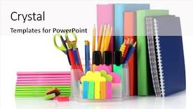  Presentation with ballpen - Cool new presentation theme with pencil ballpen - bright stationery and books isolated backdrop and a white colored foreground