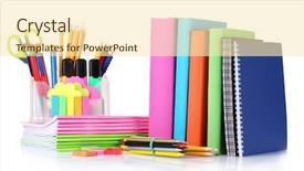  Presentation with ballpen - PPT layouts enhanced with pencil ballpen - bright stationery and books isolated background and a cream colored foreground