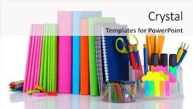  Presentation with ballpen - Colorful theme enhanced with pencil ballpen - bright stationery and books isolated backdrop and a white colored foreground