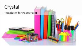  Presentation with ballpen - Slides consisting of pencil ballpen - bright stationery and books isolated background and a white colored foreground