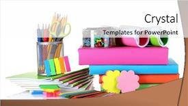  Presentation with ballpen - Colorful slide deck enhanced with pencil ballpen - bright stationery and books isolated backdrop and a white colored foreground