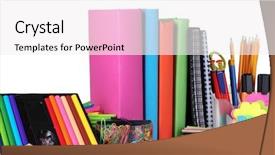  Presentation with ballpen - Cool new presentation theme with pencil ballpen - bright stationery and books isolated backdrop and a white colored foreground