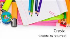  Presentation with ballpen - Slides enhanced with pencil ballpen - different colorful stationery isolated background and a white colored foreground