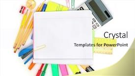  Presentation with different - PPT layouts enhanced with pencil ballpen - different colorful stationery isolated background and a sky blue colored foreground