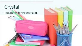  Presentation with ballpen - Audience pleasing PPT theme consisting of pencil ballpen - school supplies isolated on white backdrop and a cool aqua colored foreground