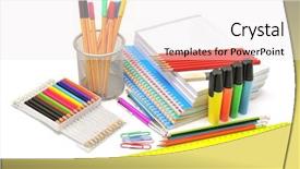  Presentation with ballpen - Colorful slides enhanced with pencil ballpen - stationery isolated on a white backdrop and a white colored foreground