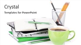  Presentation with coffee book - Slide deck consisting of pencil book - coffee cup and office supplies background and a white colored foreground