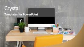  Presentation with computer network design - Cool new slide set with pencil book - modern designer workplace with computer backdrop and a gray colored foreground