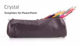  Presentation with case - Colorful presentation design enhanced with pencil case isolated backdrop and a white colored foreground