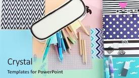  Presentation with case - PPT layouts having pencil case with various stationery background and a arctic colored foreground