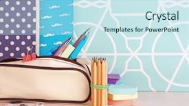  Presentation with case - Presentation theme featuring pencil case with various stationery background and a sky blue colored foreground