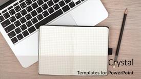  Presentation with dark vintage wood table texture - Presentation theme enhanced with pencil date - notepad and laptop on wood background and a  colored foreground