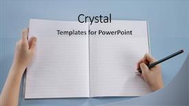  Presentation with college orientation empty classic book - Slide deck enhanced with pencil grip - human hands holding an empty background and a light blue colored foreground