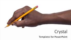  Presentation with hand holding pencil - Colorful presentation theme enhanced with pencil in hand isolated backdrop and a white colored foreground