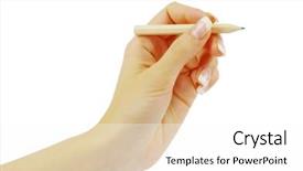  Presentation with hand holding pencil - Cool new presentation design with pencil in woman hand isolated backdrop and a  colored foreground