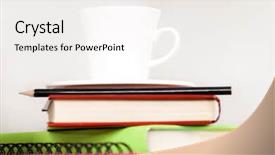  Presentation with old books pen - Amazing PPT theme having pencil on notebook near pile backdrop and a sky blue colored foreground