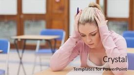  Presentation with exam - Audience pleasing PPT layouts consisting of writing test - woman looking at exam paper backdrop and a coral colored foreground