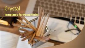  Presentation with nobody - Cool new slides with pencils and laptop on the table with nobody backdrop and a tawny brown colored foreground