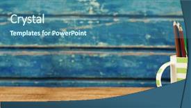  Presentation with old books on a wooden - Colorful slide set enhanced with pencils in cup by books backdrop and a ocean colored foreground