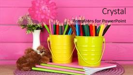  Presentation with pencils - Slide deck having pencils in pails with copybook background and a  colored foreground