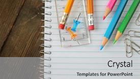  Presentation with note book - Presentation theme having pencils push pines and rule on a note book background and a light gray colored foreground