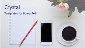  Presentation with coffee cup - Amazing PPT theme having pencils spiral bound notebooks - mid shot of notebook pencil backdrop and a sky blue colored foreground