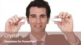  Presentation with in loving memory - PPT theme having pendrive - man holding usb memory stick background and a coral colored foreground